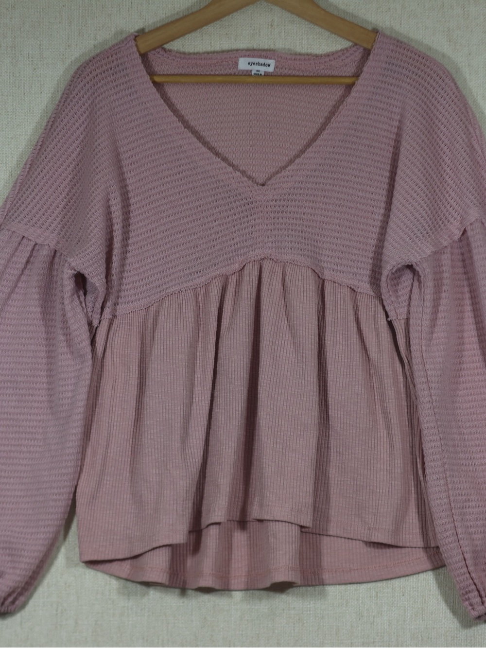 Eyeshadow Mauve Peplum V-Neck Long Sleeve Top